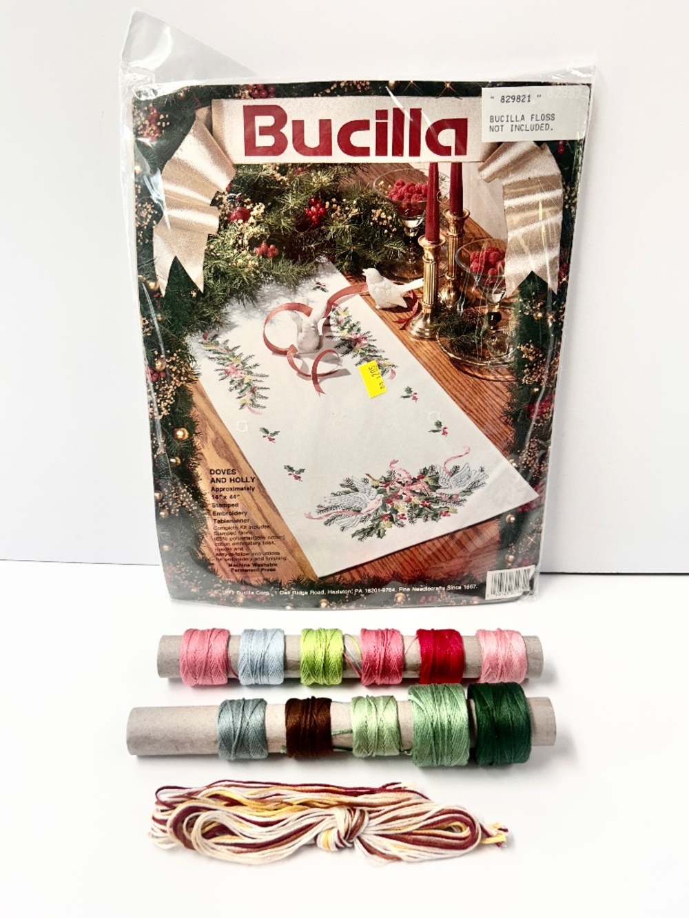 Sealed Bucilla Doves and Holly 14 x44 Embroidery Tablerunner Floss Directions